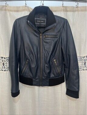 Black Rivet Women's Dark Blue Genuine Leather Ribbed Knit Bomber Jacket Sz S